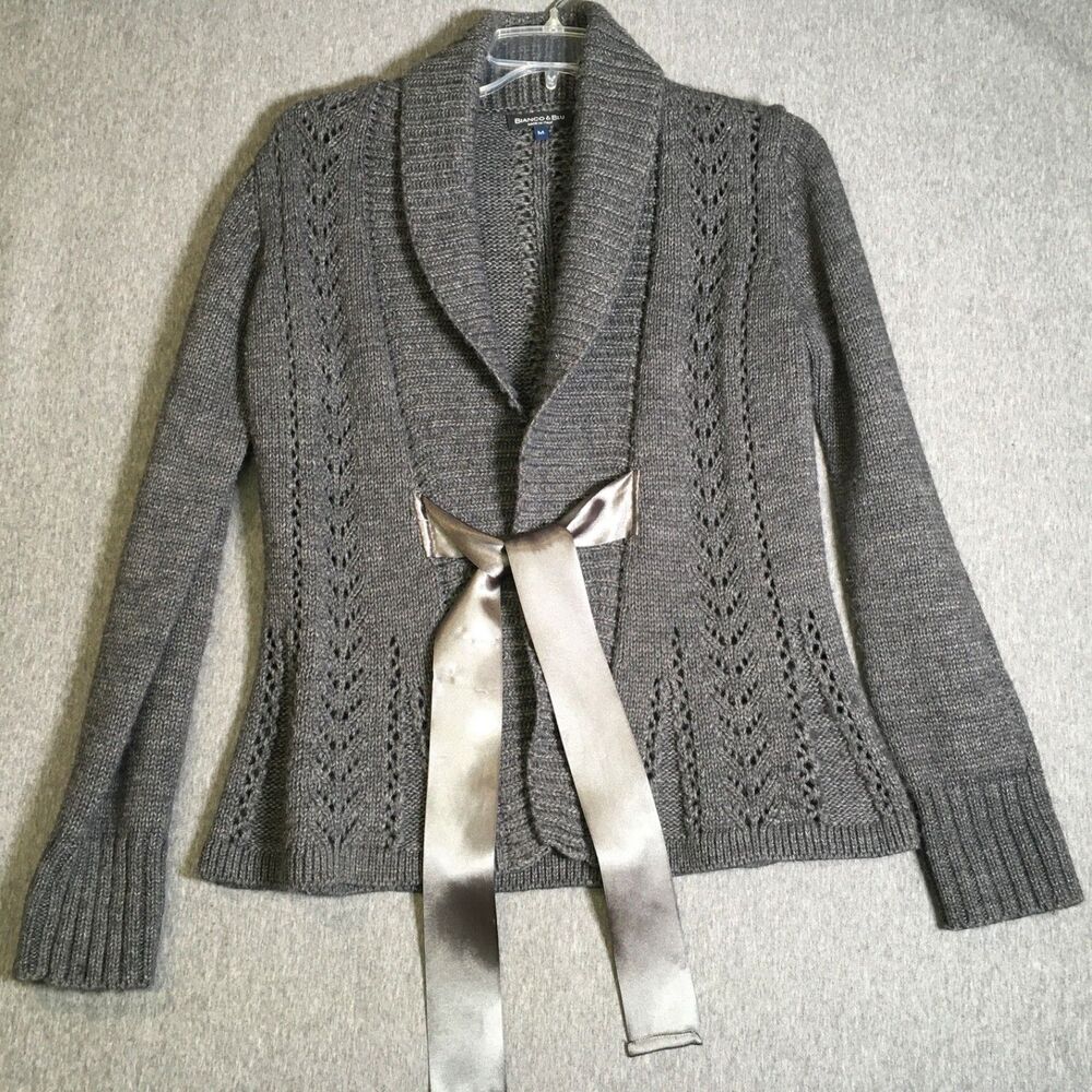 Bianco &Blu Cable Knit Womens Medium Gray Sweater Cardigan Made  In Italy